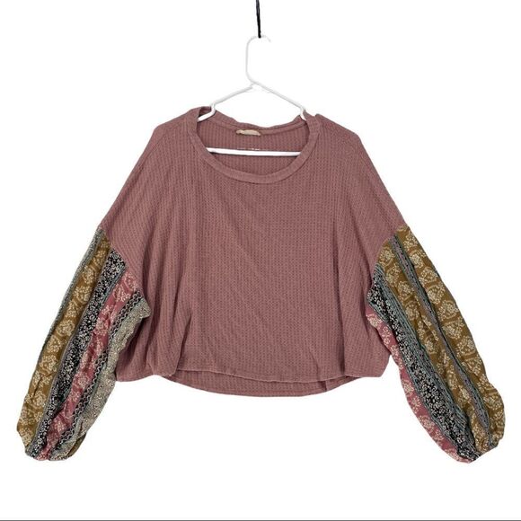 Altar’d State Small Oversized Boho Waffle Knit Puff Sleeve Top - Picture 1 of 4